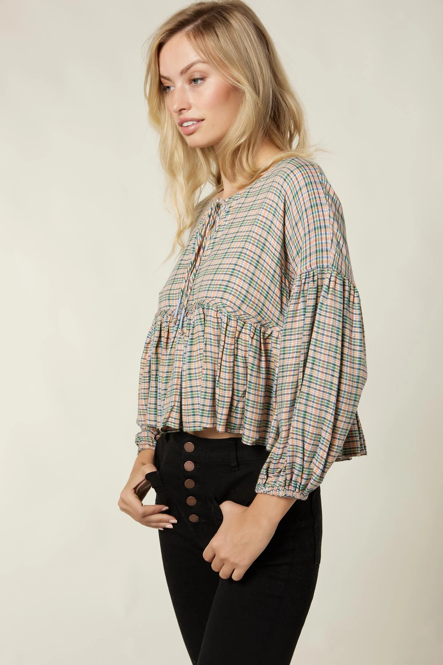 LADIES ROSIE CHECK LONG SLEEVE TOP - Image 3