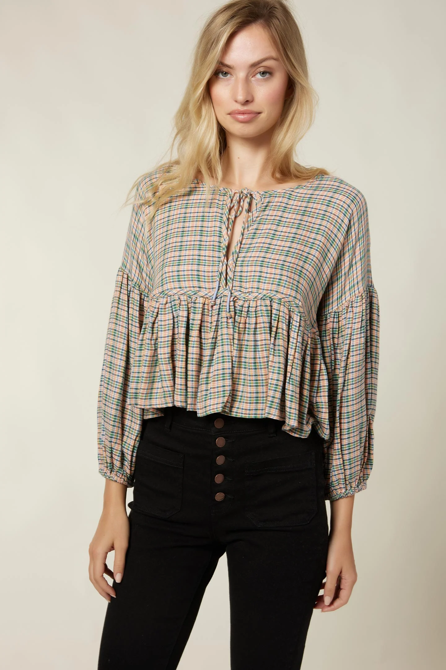 LADIES ROSIE CHECK LONG SLEEVE TOP - Image 4